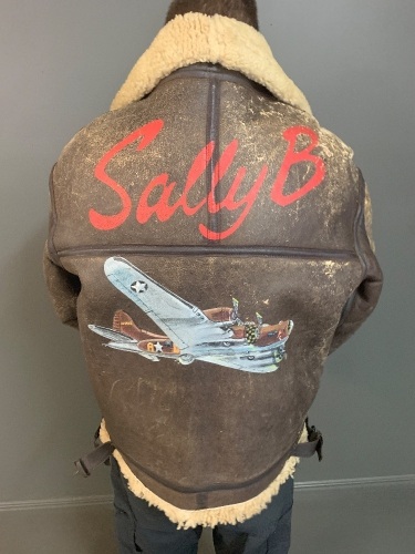 Reproduction US Army Air Forces Sheepskin Lined Leather Bomber Jacket,Â B3 pattern, B-17 Sally B Flying Fortress (hand painted) on Back with Bail Out WhistleÂ 