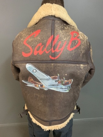 Reproduction US Army Air Forces Sheepskin Lined Leather Bomber Jacket,Â B3 pattern, B-17 Sally B Flying Fortress (hand painted) on Back with Bail Out WhistleÂ 