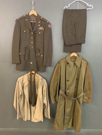 Original WW2 US Army 8th AAF 1st Lt Uniform, Includes Bomber Pilot Tunic, Shirt, Tie, Pants and Trenchcoat