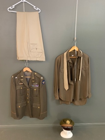 US Army 8th AAF WW2 Replica Uniform, Lt Col Insignia includes Fighter Pilot Tunic, Shirt, Tie, Pants and Cap - Mostly Tailored by Berensen Tailors Melbourne for Movie World Studios.