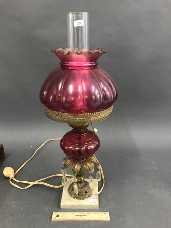 Vintage Cranberry Glass Lamp with Cystal Drops on Marble Base