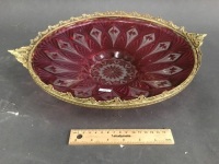 Cut Glass Cranberry Coloured Bowl with Gilt Metal Edging - App. 330mm Dia.