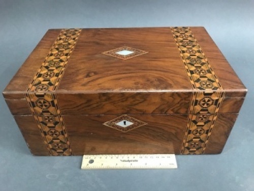 Antique Marquetry & Shell Inlaid Walnut Writing Box - App. 350mm x 225mm x 150mm