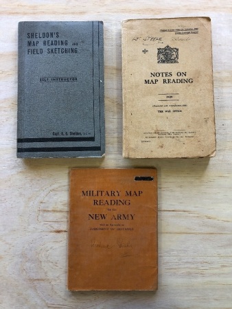 3 x Vintage Books on Map Reading - Notes on Map Reading 1929, Military Map Reading for the New Army 1940, Sheldon's Map Reading and Field Sketching 1942 Complete with Fold Out Map on Inner Cover