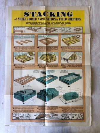Rare Original WW2 Coloured Poster by Aust. Survey Corps. on Stacking of Shell and Boxed Ammunition in Field Shelters - App. 550mm x 780mm