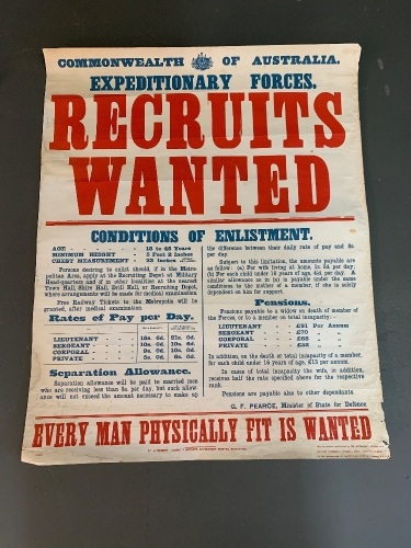 1968 The Australian Full Size Facsimile of WW1 Recruitment Poster for the Commonwealth of Australia Expeditionary Forces