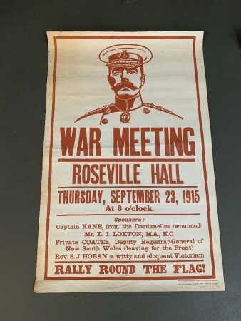 1968 The Australian Full Size Facsimile of WW1 War Meeting Poster at Roseville Hall 1915