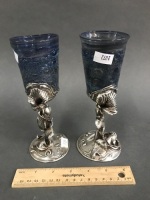 Pair of Israeli Glass Goblets with Sterling Silver Adornments