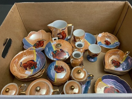 Asstd Vintage Part Set of Lustre Ware Ceramics with Spanish Galleon Motif - No Marks