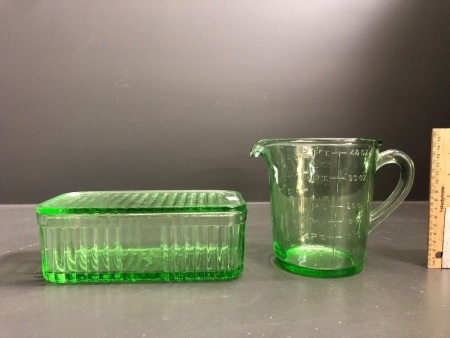 Vintge Green Depression Glass Lidded Butter Dish + 2 PT Jug