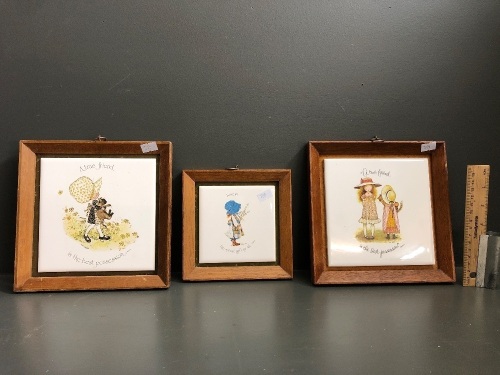 3 x 1970's Oak Framed Holly Hobbie Wall Tiles