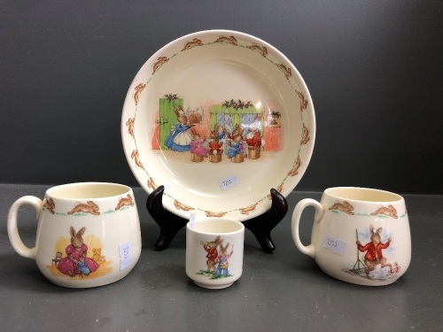 2 x Royal Doulton Bunnykins Mugs, Egg Cup + Bowl