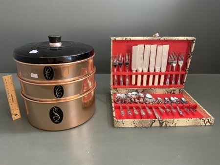 Vintage Jason Anodised Aluminium 3 Part Cake Box + Vintage Unsused Boxed Cutlery Set