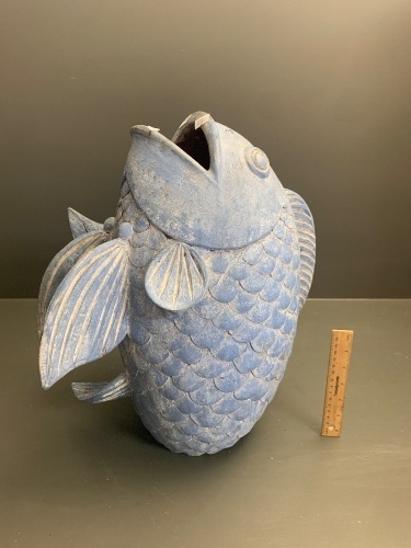 Large Terracotta Carp / Fish Painted Blue