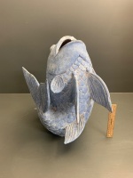 Large Terracotta Carp / Fish Painted Blue - 2