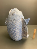 Large Terracotta Carp / Fish Painted Blue - 3