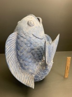 Large Terracotta Carp / Fish Painted Blue - 4