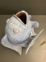 Large Terracotta Carp / Fish Painted Blue - 5