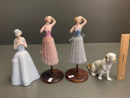 3 Ceramic Lady Figures + Vintage German Ceramic Dog