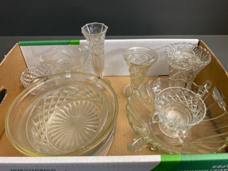 Box Lot of Asstd Vintage Glassware inc. Mixing Bowl, Vases Etc