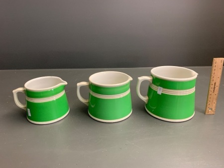 Set of 3 Vintage Fowler Graduated Jugs in Green & White