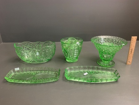 Lot of Green Depression Glass inc. 2 Trays, 2 Vases with Frogs + Bowl