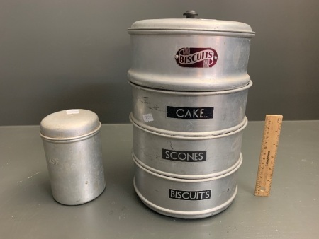 Set of 4 Vintage Aluminium Stacking Cake/Biscuit Tins + Thee Cannister