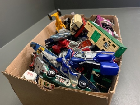 Large Asstd Box of Matchbox + Others Die Cast Cars, Ships, Machinery Etc in Used Condition