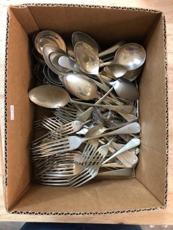 Large Asstd Box Lot of Vintage Plated Cutlery