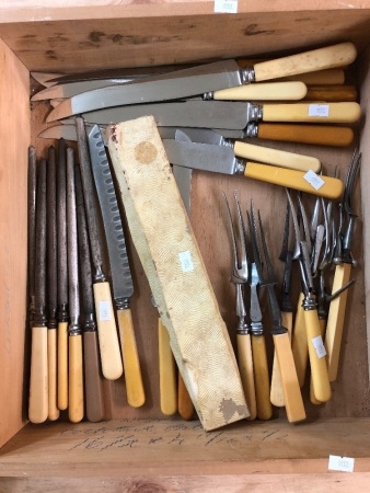 Large Asstd Tray Lot of Vintage Bone Handled, Carving Knives and Forks, Steels and Bread Knives