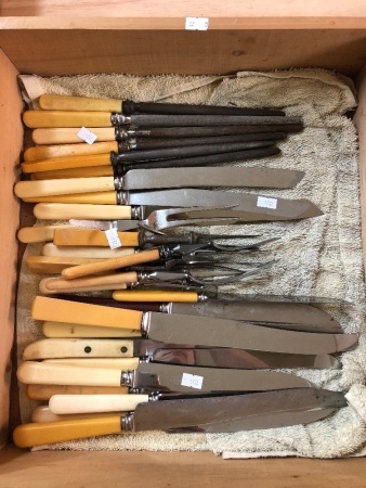 Large Asstd Tray Lot of Vintage Bone Handled, Carving Knives and Forks, Steels and Bread Knives