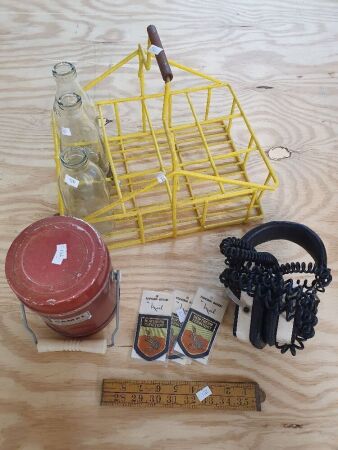 Asstd Box Lot of Bric-a-Brac inc. Milk Bottles & Holder, Headphones, Vintage Flask, Timber Ruler etc