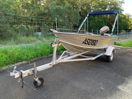 3.8m Tinny with 20HP Mariner 2 Stroke Outboard + New Aluminium Trailer, Depth Sounder + Marine Safety Eqpt. - 11% BP applies
