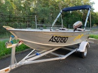 3.8m Tinny with 20HP Mariner 2 Stroke Outboard + New Aluminium Trailer, Depth Sounder + Marine Safety Eqpt. - 11% BP applies - 2