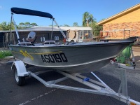 3.8m Tinny with 20HP Mariner 2 Stroke Outboard + New Aluminium Trailer, Depth Sounder + Marine Safety Eqpt. - 11% BP applies - 3