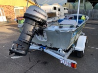 3.8m Tinny with 20HP Mariner 2 Stroke Outboard + New Aluminium Trailer, Depth Sounder + Marine Safety Eqpt. - 11% BP applies - 4