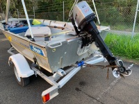 3.8m Tinny with 20HP Mariner 2 Stroke Outboard + New Aluminium Trailer, Depth Sounder + Marine Safety Eqpt. - 11% BP applies - 5