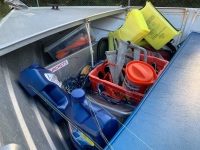 3.8m Tinny with 20HP Mariner 2 Stroke Outboard + New Aluminium Trailer, Depth Sounder + Marine Safety Eqpt. - 11% BP applies - 10