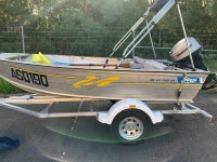 3.8m Tinny with 20HP Mariner 2 Stroke Outboard + New Aluminium Trailer, Depth Sounder + Marine Safety Eqpt. - 11% BP applies - 15