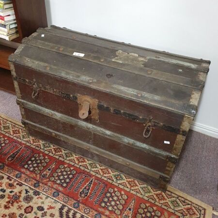 Antique Dome Topped Sea Chest, Paper Lined Inside - Original Timber Strapping