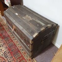 Antique Dome Topped Sea Chest, Paper Lined Inside - Original Timber Strapping - 2