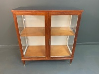 2 Door Silky Oak Glazed Display Case on Mid Century Legs with Vinyl on Top