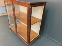 2 Door Silky Oak Glazed Display Case on Mid Century Legs with Vinyl on Top - 3