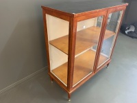 2 Door Silky Oak Glazed Display Case on Mid Century Legs with Vinyl on Top - 4