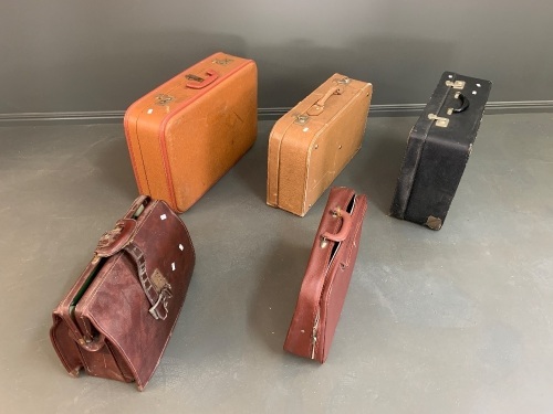 Asstd Lot of 4 Vintage Suitcases + Leather Briefcase - As Is