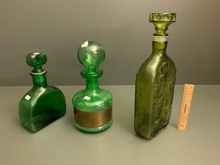 3 x Vintage Mid Century Green Glass Bottles