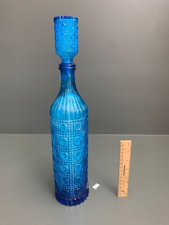 Tall Mid Century Blue Glass Genie Style Bottle