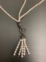 3 Strand Freshwater Pearl and Sterling Silver Tassel Necklace - 2