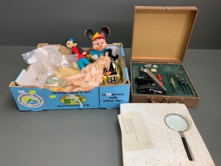 Asstd Box Lot of Vintage Toys inc. Microscope, Dolls Furniture, Disney Etc