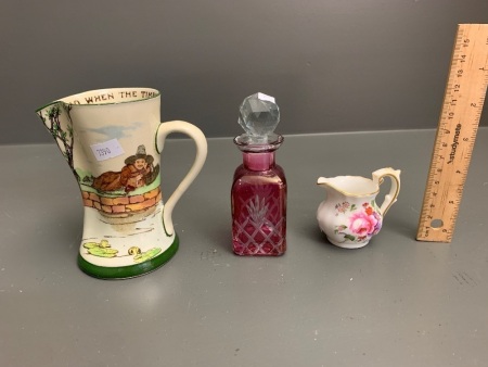 Vintage Royal Doulton Gallant Fishers Water Jug, Mini Crown Derby Jug + Perfume Bottle